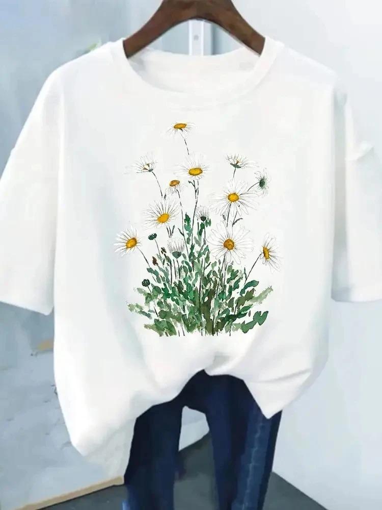 

Womens Gorgeous Colorful Flower Cluster Short Sleeve TShirt Retro Floral Combination Print Top Daily Loose Crew Neck Shirt S