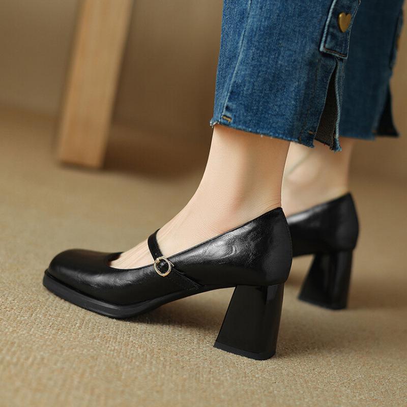 New women's round head single shoes casual solid color platform high heel large size shoes thick heel buckle four seasons wear small leather shoes 
