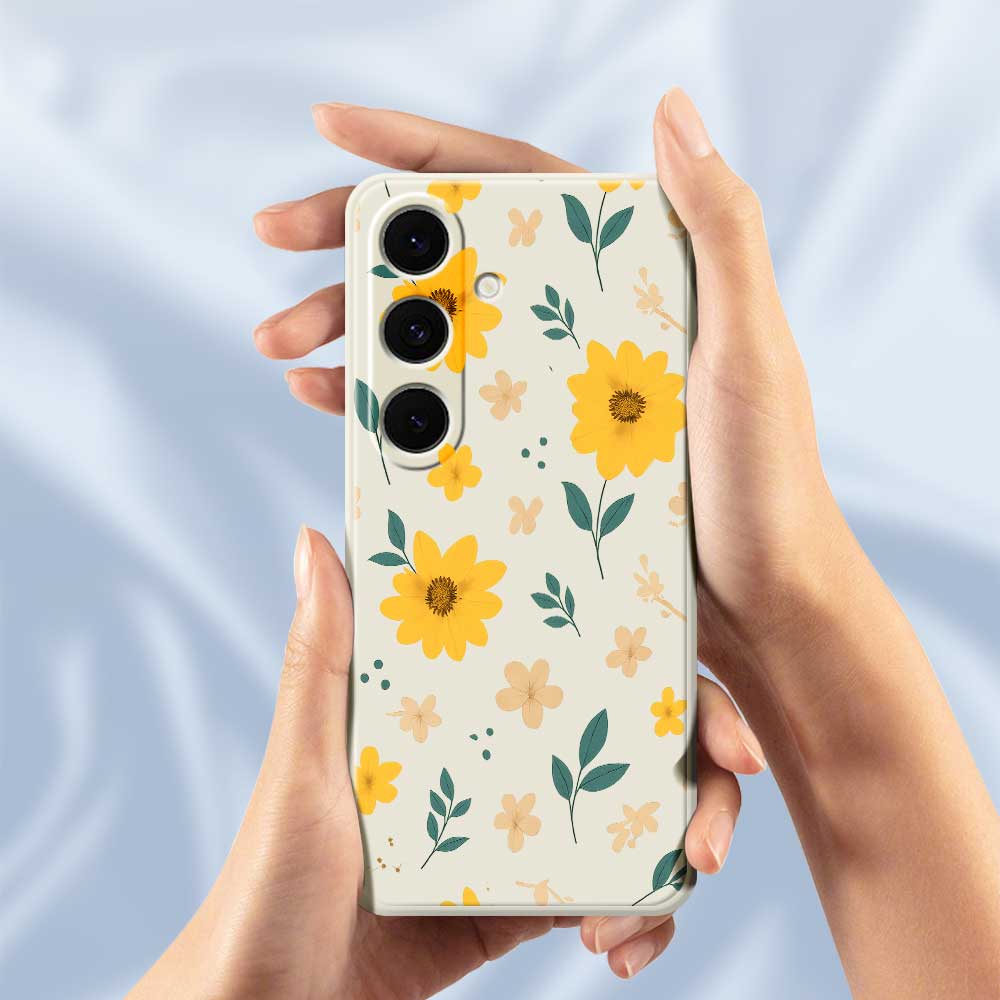 For Samsung Galaxy S25+ Case Yellow Floral and Leaves Pattern Printing Straight Edge TPU Phone Back Cover