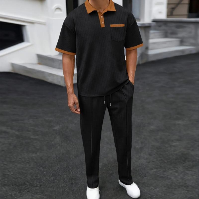 Elastic Waist Trousers Two-piece Casual Set Men's New Lapel Color Blocking Pocket