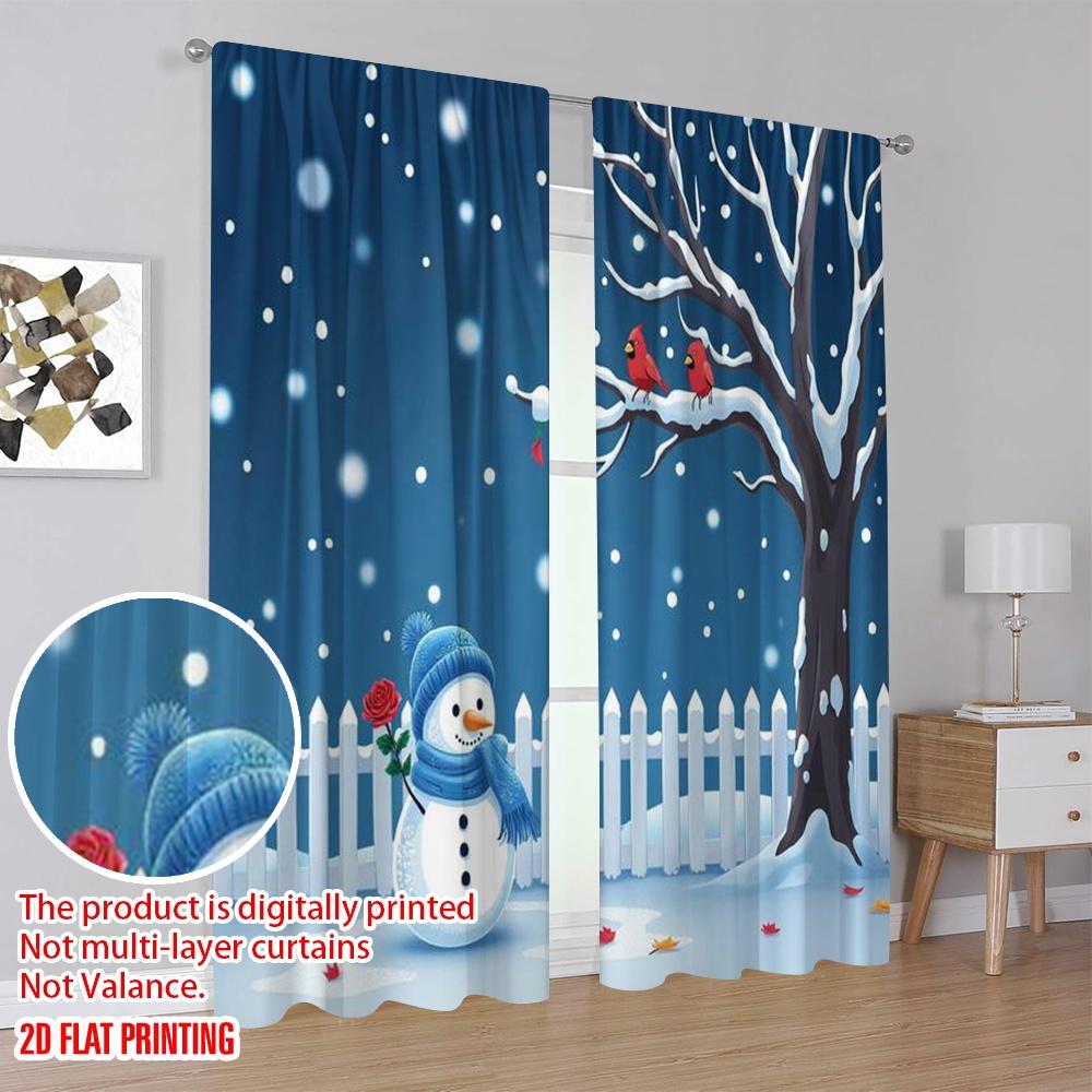 2pcs 2D flat printing Christmas Curtains Winter Wonderland Snowman Versatile 100% Polyester Without Electricity Spring for gold