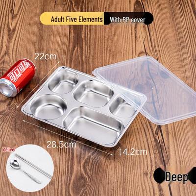 Xihuo 304 Stainless Steel 5-Compartment Divided Lunch Plate with PP Lid