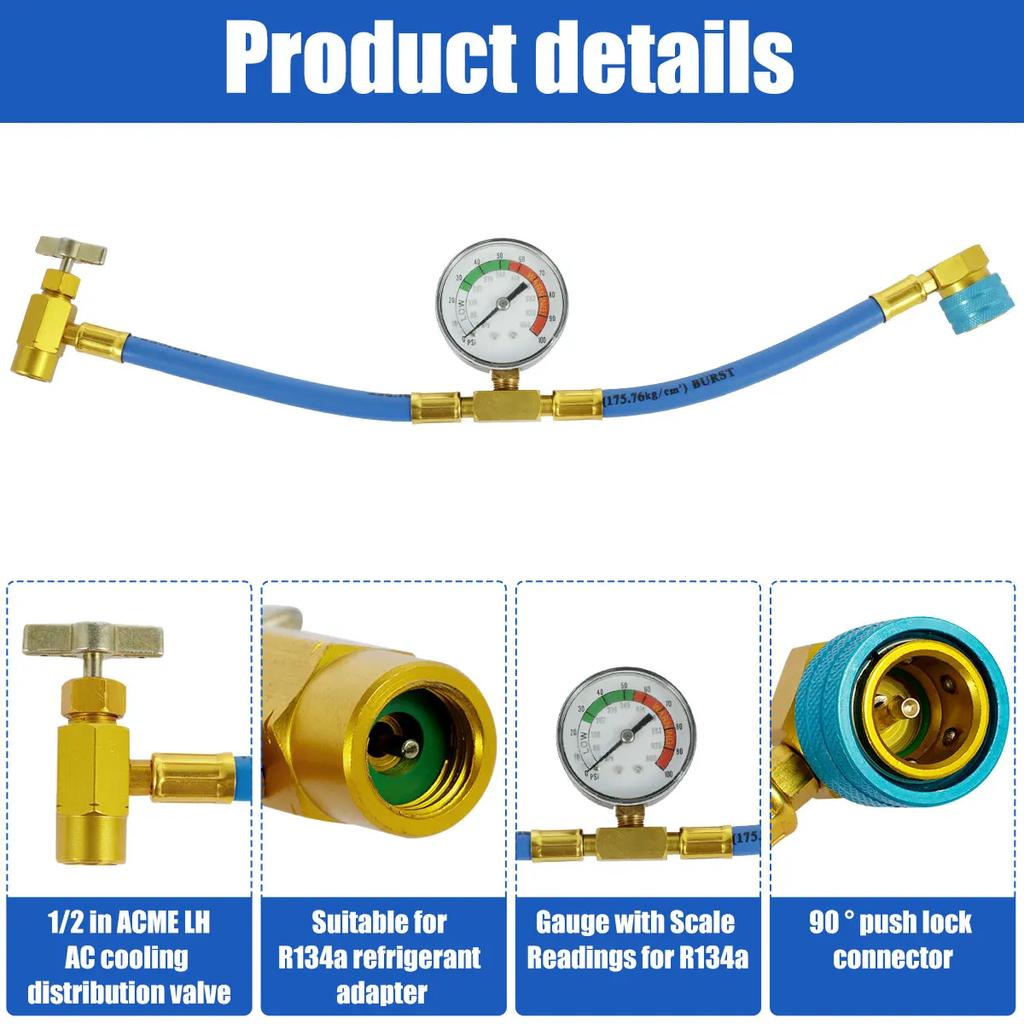 Refrigerant Charge Hose R1234YF Car Conditioning Self-Sealing Recharge Hose with Gauge 1/2 Acme Thread Low Side Quick Coupler
