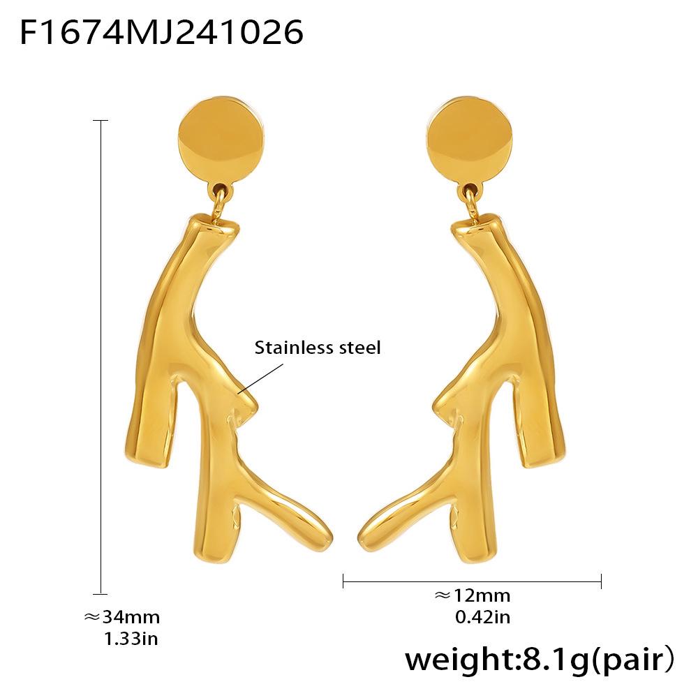 Qiong Yao Gold-Plated Irregular Tree Branch Dangle Earrings, Stainless Steel Studs, Colorfast Design