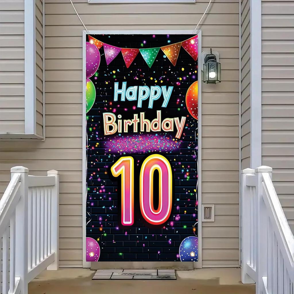 10th Birthday Door Cover Decoration 71 x 35 Inch Colorful Balloons and Lights Banner for Kids Happy Tenth Birthday Party Supplies Photo Backdrop Wall