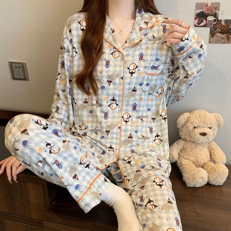 Womens Cute Cartoon Pajamas Set Long Sleeve Loose Loungewear Students Home Wear