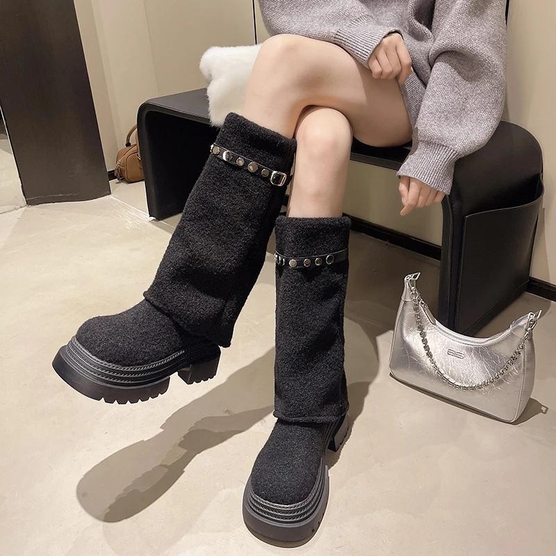 Winter Fashion Platform Women Knee-High Boots Punk Style Slip On Shoes Height Increase Pipe Long Knight Booties