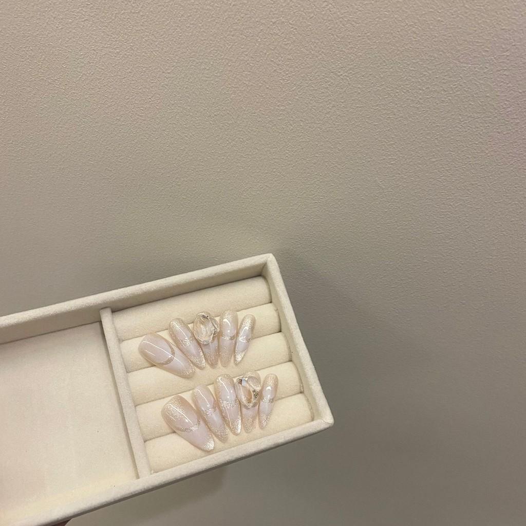 100% HANDMADE Lengthen Oval shape/Extra Long Water Drop Shape Light Grey Cat Eye Inkjet Design Clear Diamond Ballet Style Princess Grace Fake Nails