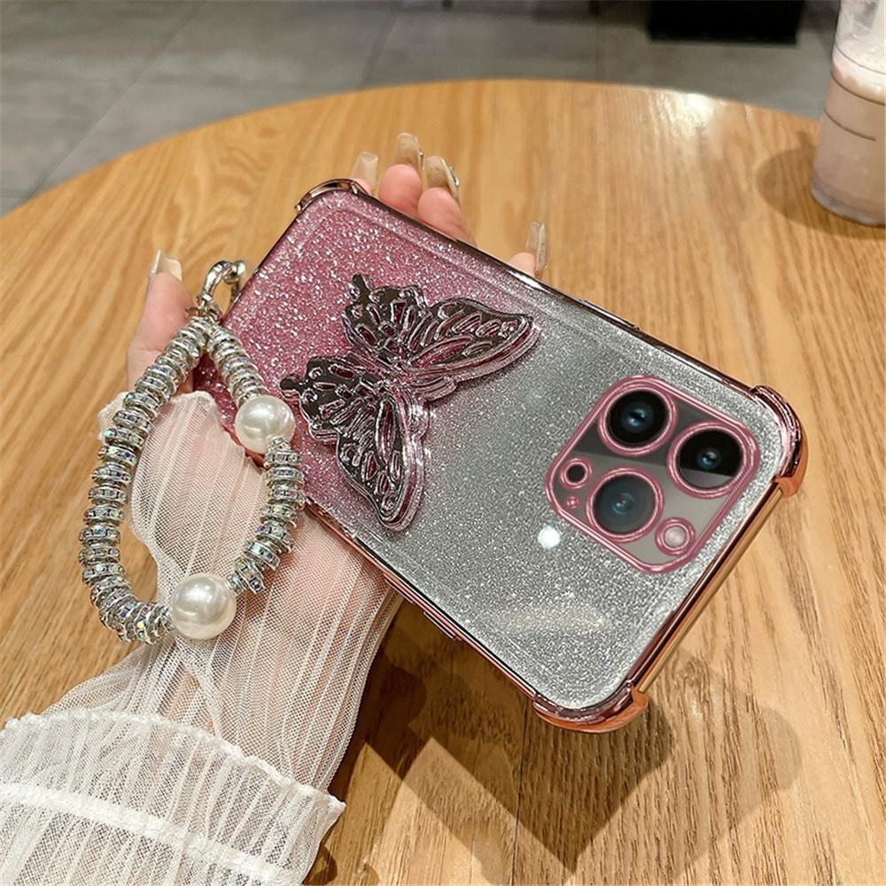 Butterfly Bracket Plating Glitter Phone Case For Samsung A13 A23 A33 A53 A73 A12 A22 A32 A52 A51 Shockproof Cover With Bracelet