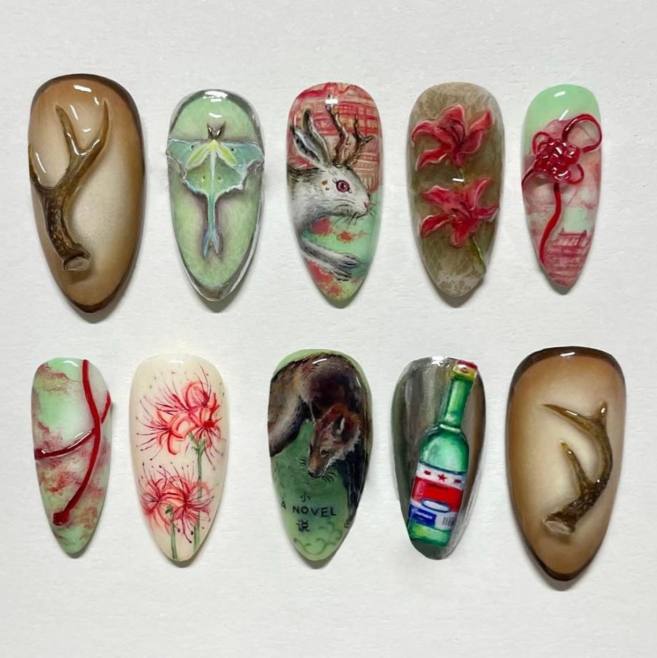 24PCS Sweet Cartoon Lamp Tulip Patterns Almond False Nails with Cute Flowers Retro French Fake Nails Wearable Ins Nails Press On