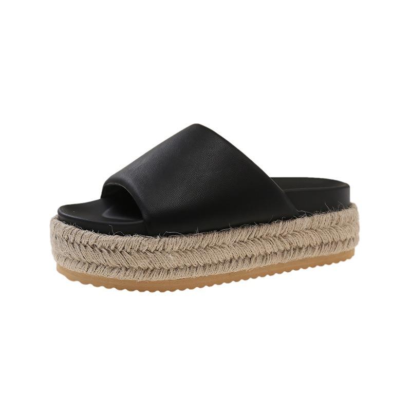 Summer vacation style straw woven thick bottom slope heel round head one and a half word drag versatile outside wearing open toe cool slippers women