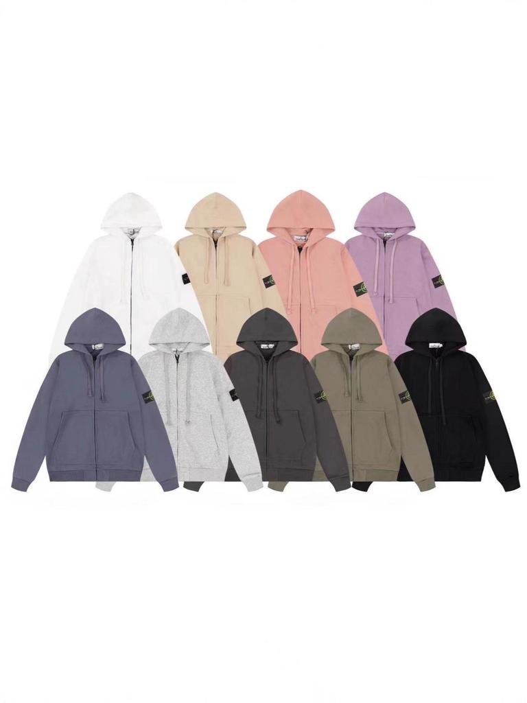 Trendy Stone Patch Zip-Up Cotton Hoodie