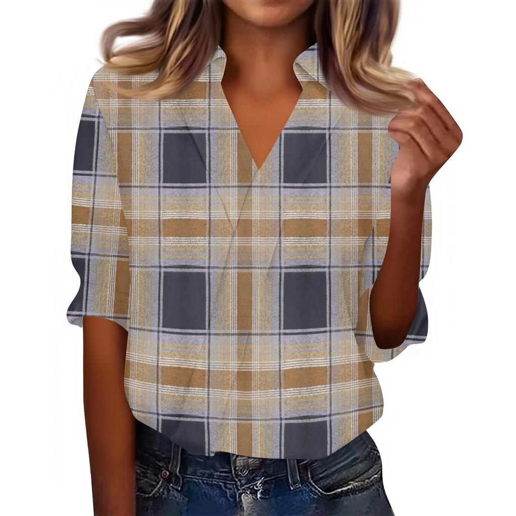 Dámske topy s 3/4 rukávom, košeľe s V-výstrihom, trendy potlačené, business casual, pracovné blúzky