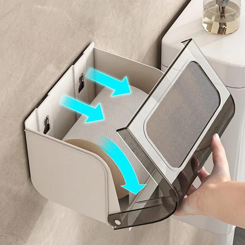 Transparent Tissue Holder Roll Paper Box Toilet Wall Mounted Non Perforated Waterproof Storage Rack Toilet Paper Holder