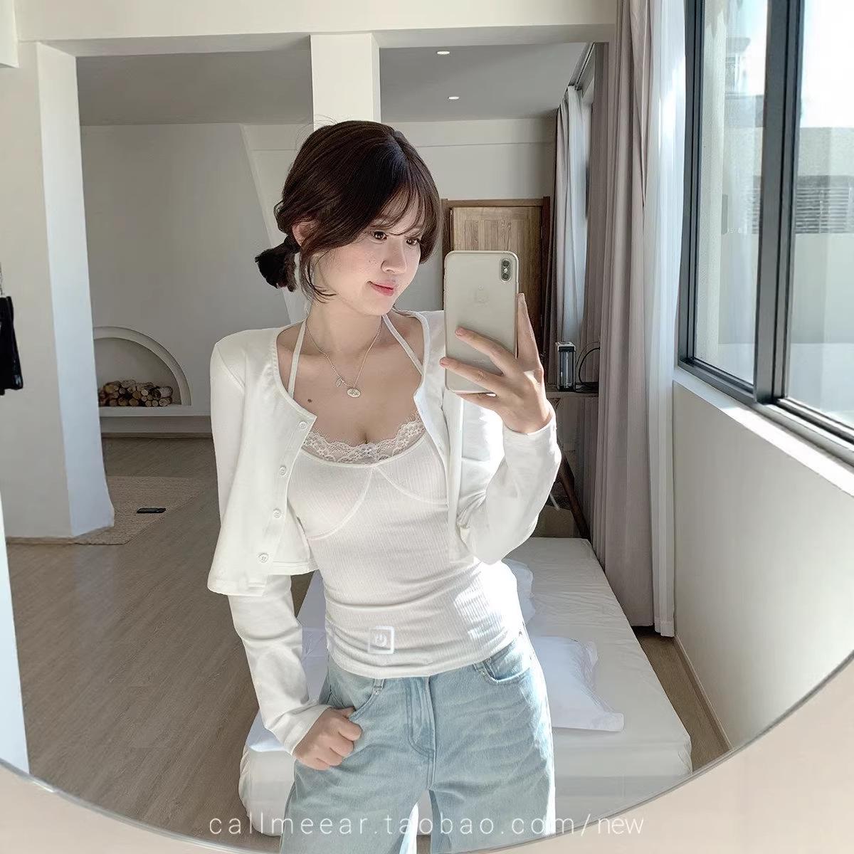 Korean Style Lace Patchwork T-shirt & Halter Vest Set for Women XL