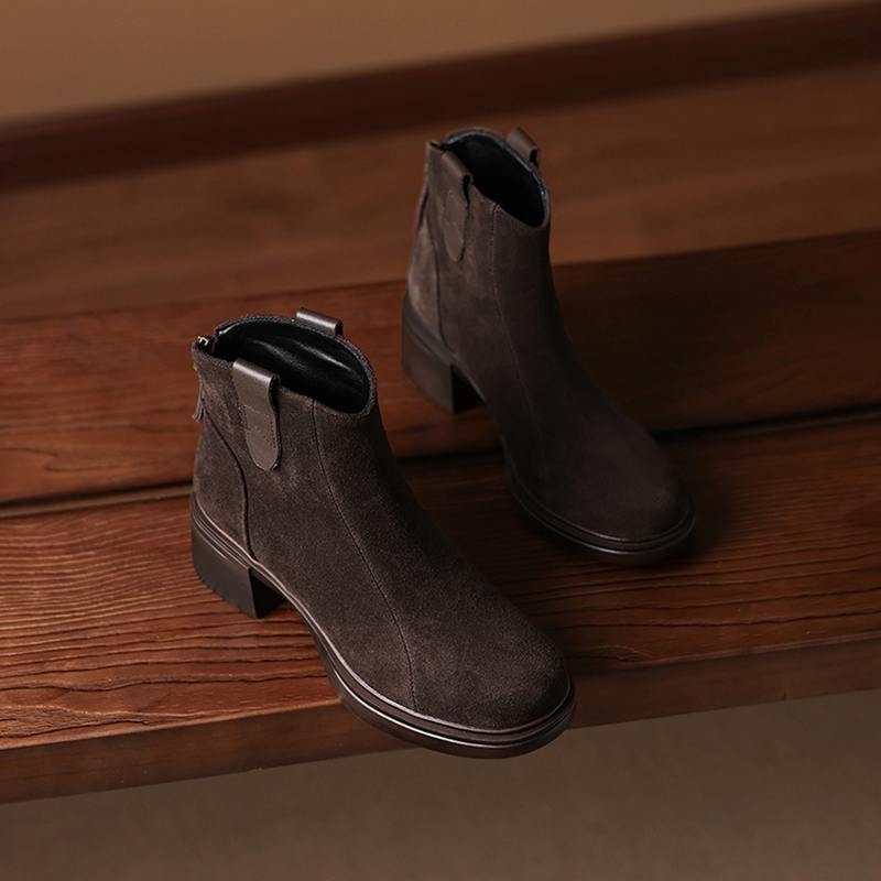 Krazing Pot Cow Suede Nubuck Winter Round Toe Modern Boots Med Heels Zipper Women Ankle Boots
