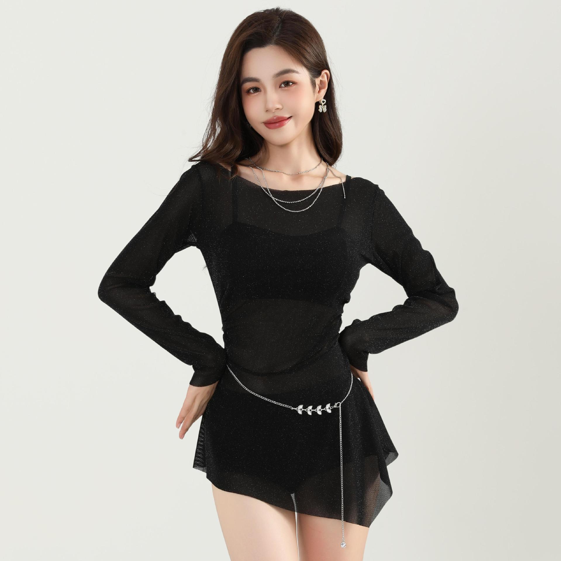 Fairy swimsuit women s three-piece blouse hot spring swimsuit women s long-sleeved sexy belly cover Spice Girls swimsuit S чёрный