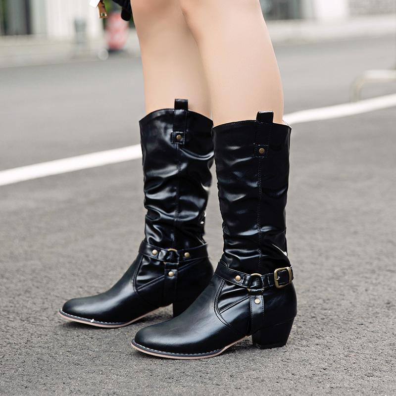 Q/Lågklackade stövlar för damer, höst och vinter nya tjockklackade mellanlängda stövlar, överdimensionerade vardagsstövlar