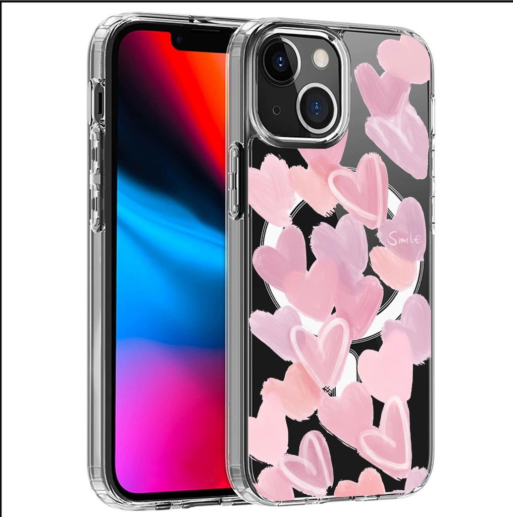 Pink Heart Magnetic Transparent Case for iPhone 15/16/17 Pro Max - Full Coverage Protection