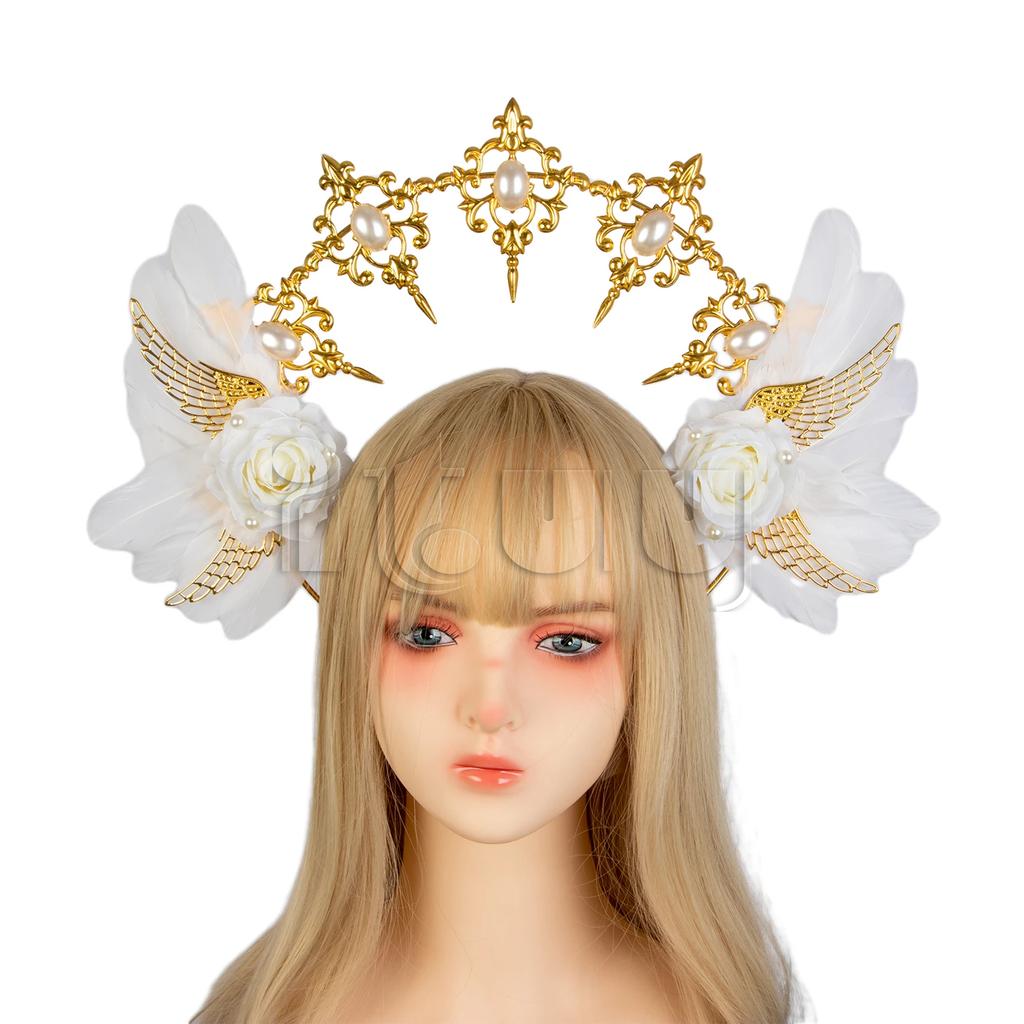 Lolita Corona Aureola Solare Fascia per Capelli Catena di Perline con Nappe Ali d'Angelo Fascia con Spine di Rosa Gotico Vintage Diadema Mary Barocco Copricapo