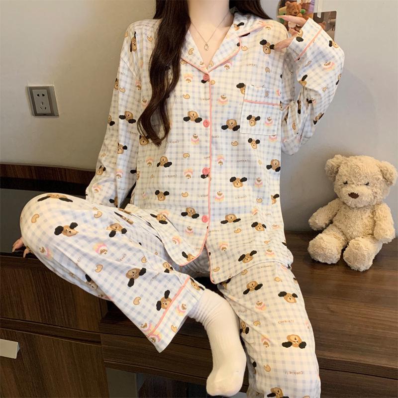 Plaid Long Sleeve Pajama Set with Pants – Spring & Autumn Style, Comfortable Home or Dorm Wear, Suitable for Outdoor Use