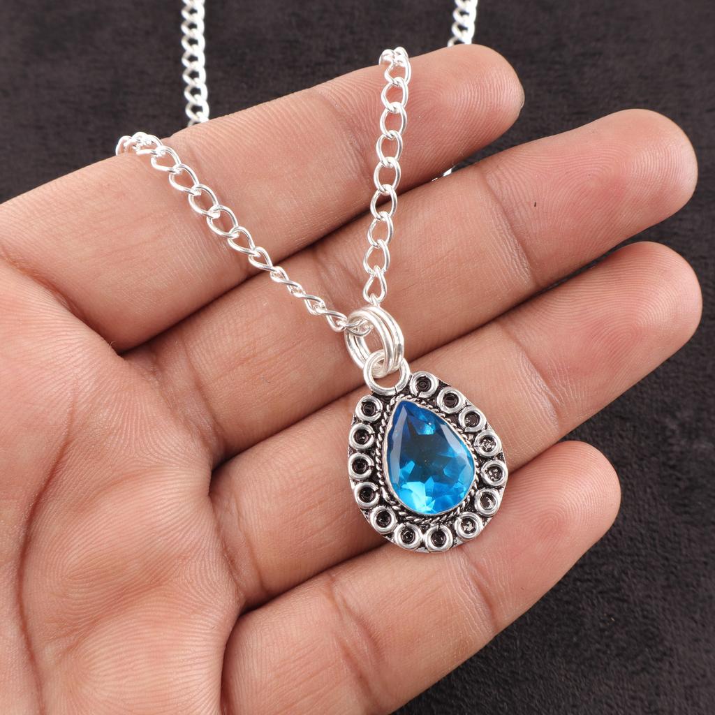 Swiss Blue Topaz Gemstone 925 Sterling Silver Jewelry Designer Pendant 1.02" For Thanksgiving Gift PP-26-8