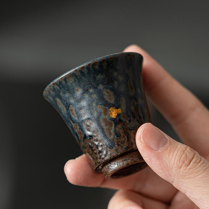 Bronze Glaze Hand Gold Splatter Rock Clay Tea Cup Small Gongfu Master Cup Vintage Home Tea Ceremony Gift