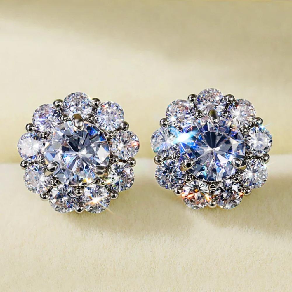 Huitan Romantic Flower Shape Women's Stud Earring Dazzling Round Zirconia Crystal Versatile Accessories Female Statement Zircon