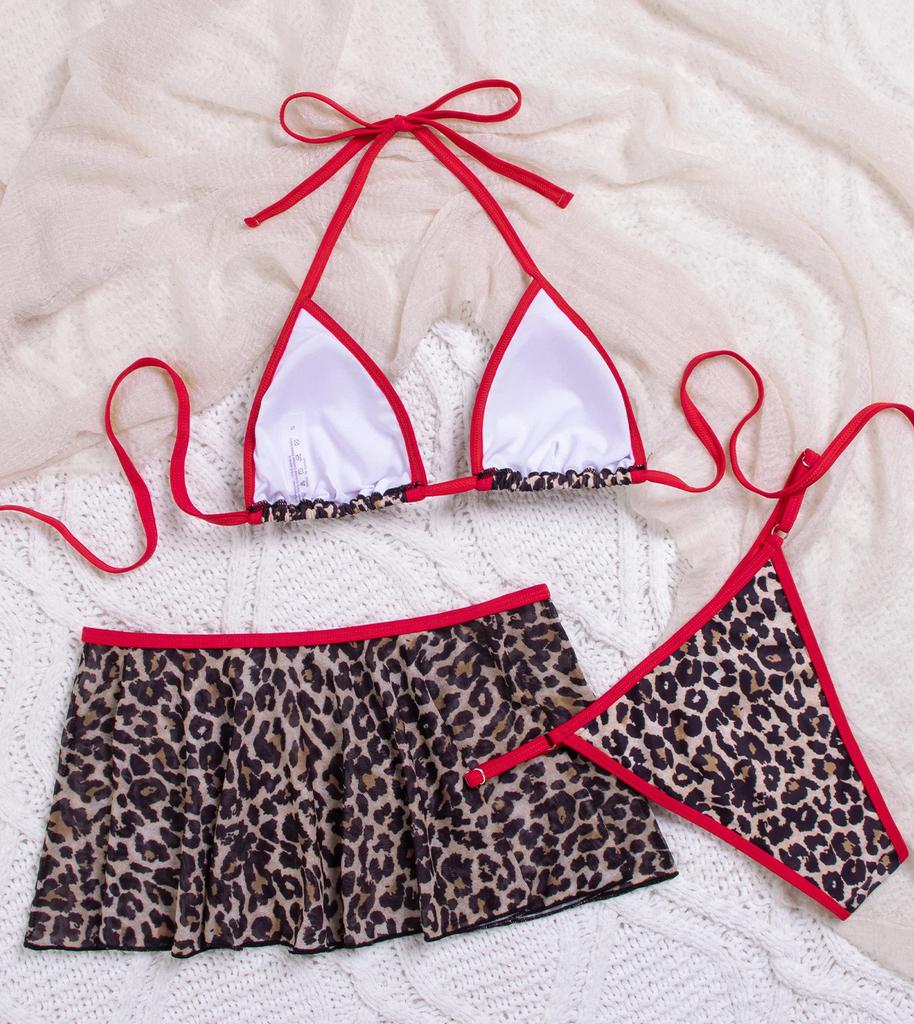 Women's Swimsuit Leopard Print Sexy Halter Neck Backless Skirt Cover Swimsuit Tie Back Bikini Three Piece Beach Suit Beachwear