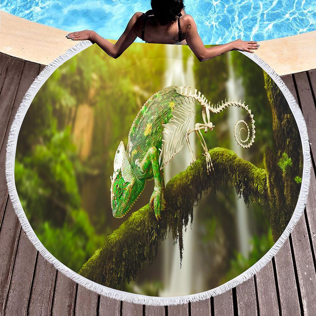 Wild Animal Print Round Beach Towel with Tassels, Sand Resistant Beach Blanket, Absorbent Quick Dry Pool Towel Soft Picnic Mat