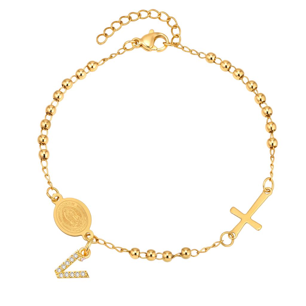 Stainless Steel Rosary Virgin Mary Beaded Bracelets with A-Z Initial Letter Pendant, Gold Plated Religion Jewelry for Women