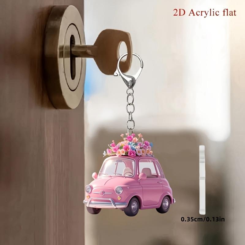 1 Stück, 2D Flaches Mode Pinkes Auto mit Blume Schlüsselanhänger für Rucksack und Autoschlüssel, Feiertags-Partydekorationen, perfekte Geschenke für Thanksgiving