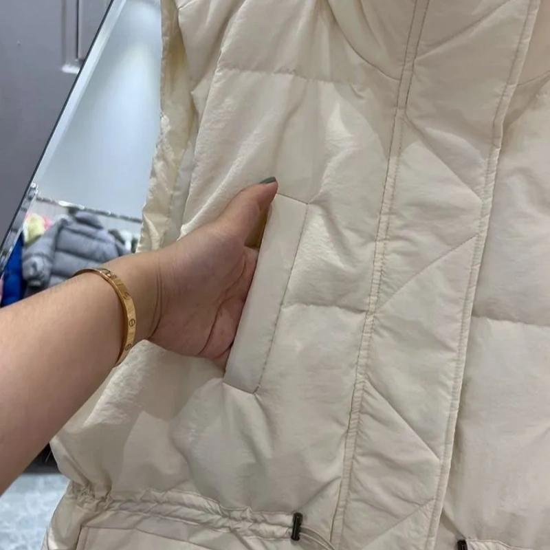 Autumn and Winter Mid-length Down Cotton Vest, Drawstring Waist, Thin Waistcoat Women