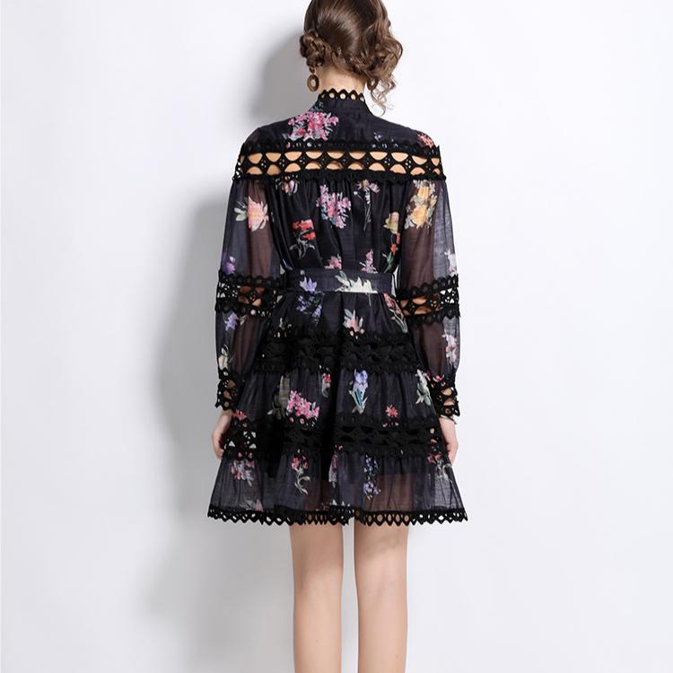 Printemps Automne Femmes Vintage Col Montant Imprimé Dentelle Patchwork Mini Robes De Soirée Courtes