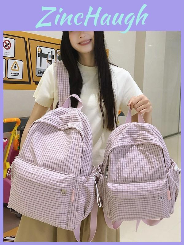 Schoolgirl Nylon Plaid Backpack With Fabric And Curved Shoulder Straps For High School Students