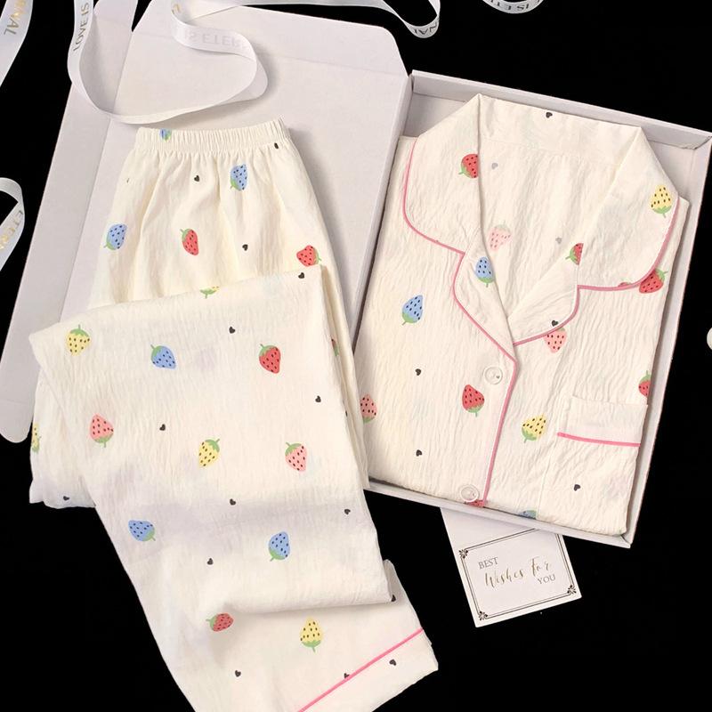Spring And Autumn New Cloud Cotton Pajamas Women'S Long-Sleeved Sweet Strawberry Girl Cardigan Loungewear Set Real Shot
