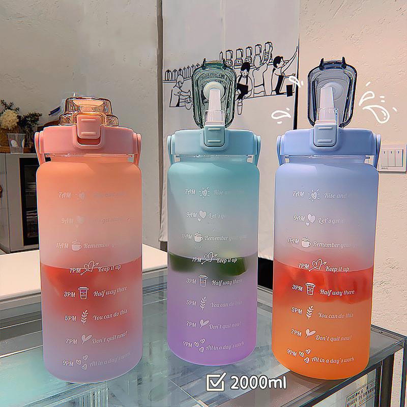 2L Large-capacity Water Bottle With Bounce Lid Timeline Reminder Leak-proof Frosted Cup For Outdoor Sports And Fitness