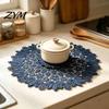 Heat Insulating Coasters Round Lace Doily, Dark Blue Floral Placemat, Embroidered Table Decorative Centerpieces Mat, Heat-resistant Doilies