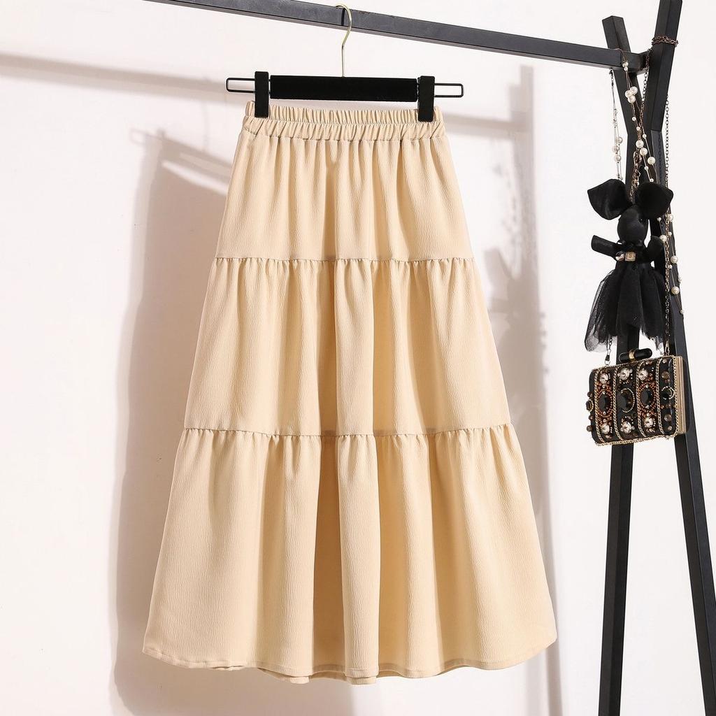 Spring and summer elastic skirt splicing high waist to cover the belly and show thinness cake skirt medium and long A-shaped umbrella skirt