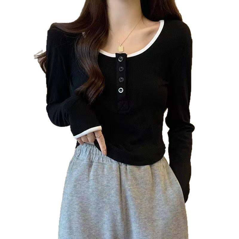 2025 autumn and winter American retro half-breasted T-shirt women's pure desire wind inner long-sleeved irregular contrasting color bottoming shirt