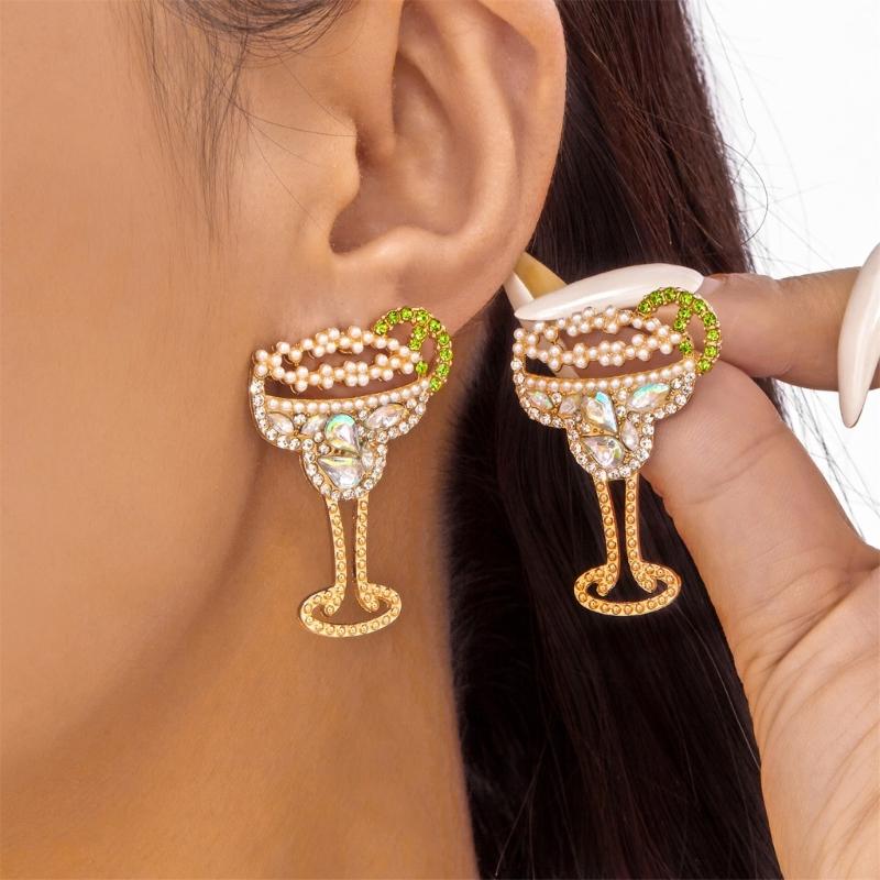 Stylish Wine Glass Earrings Featuring Lemon Charm And Crystals For Women Girls