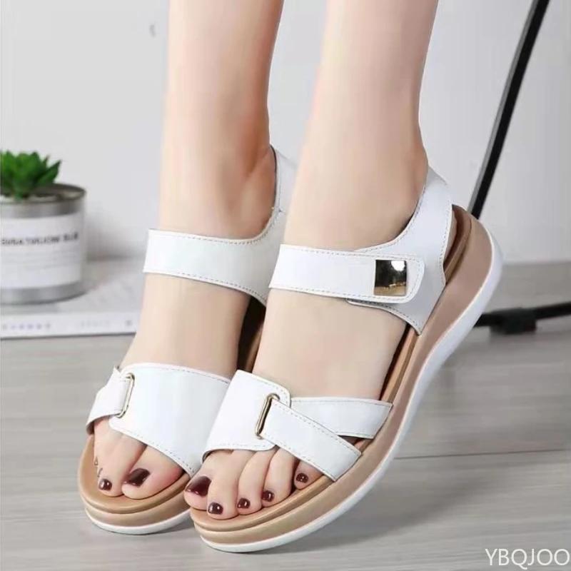 Women Leather Shoes Open Toed Female Flats Sandals Shoes Summer Soft Soled Non Slip Beach Sandals Large Size Zapatos Mujer