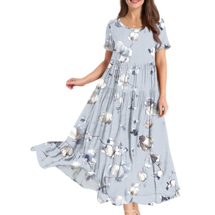 Women Summer Boho Floral Printed Loose Dress Round Neck Short Sleeve