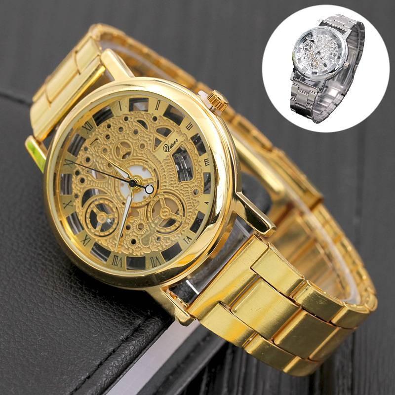 Elegant Geneva Alloy Case Men's Watch With Transparent Dial And Steel Band Stylish Design