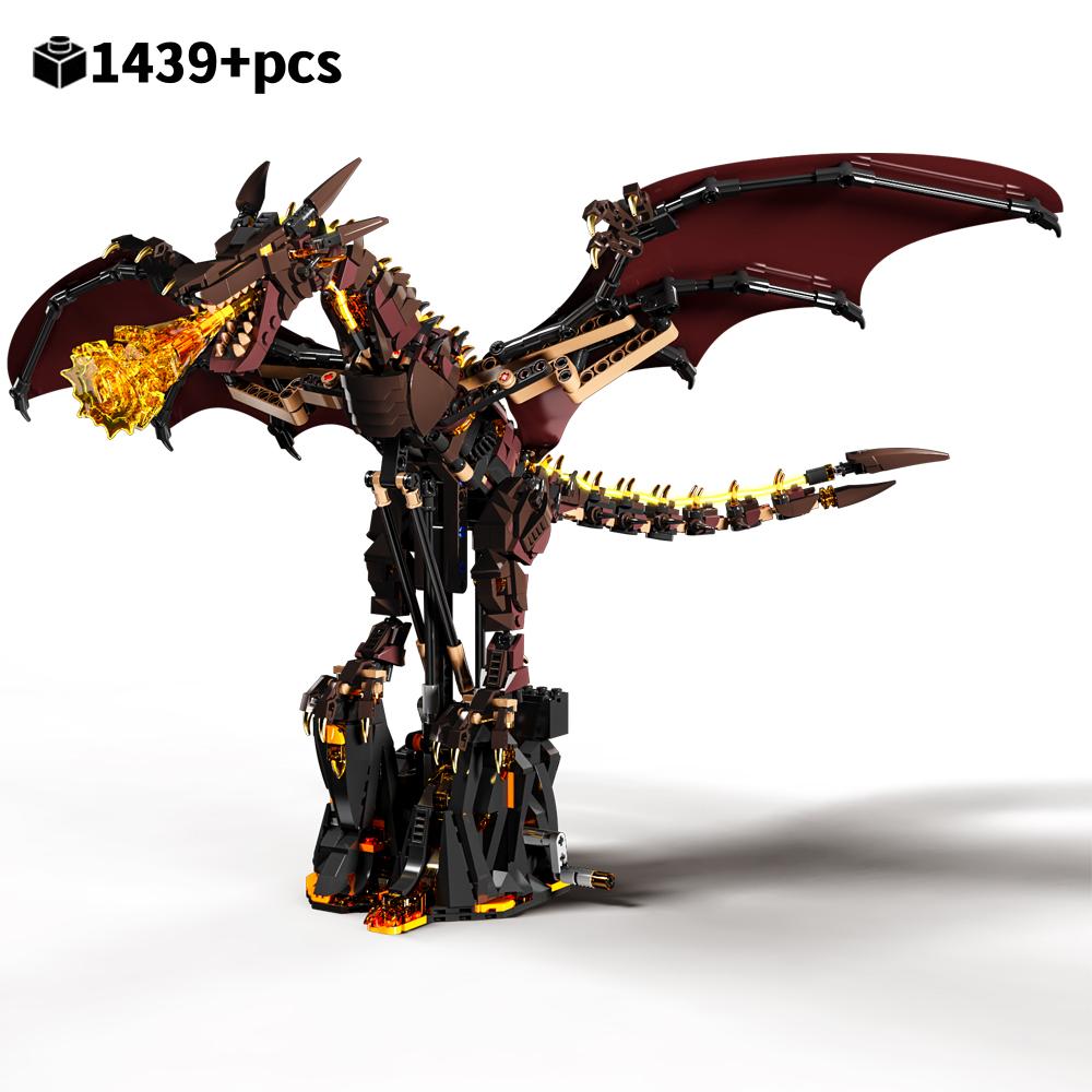 1439PCS Mechanical Fire Dragon Blocks Mythical Creatures Series Light Connectable Animal Model Creative 3D Desk Decor Gift