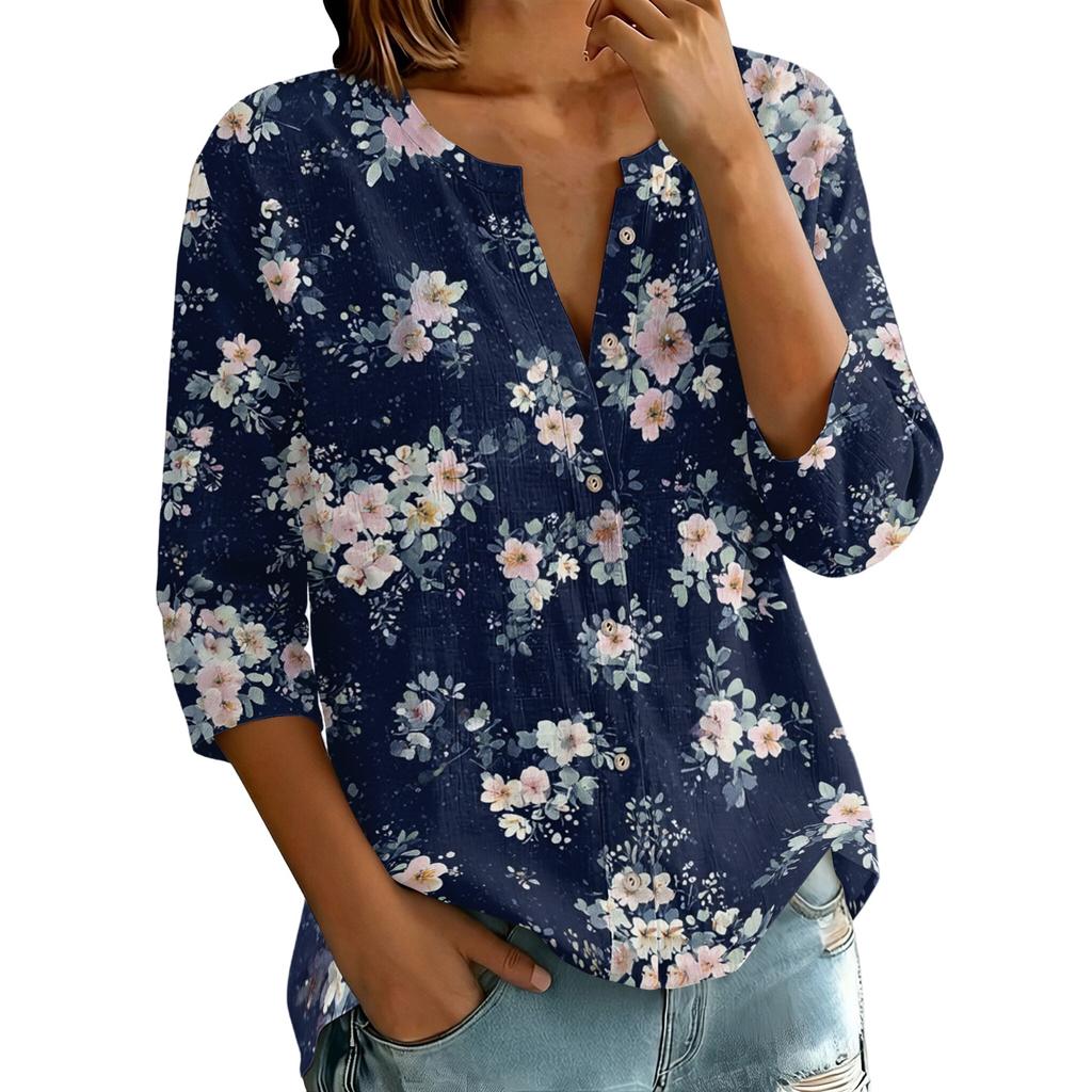 Women's Retro Floral Print Button Down Shirt 3/4 Sleeve Cotton Linen Blouse