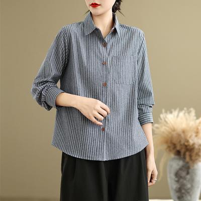 Frühling Künstlerische Lose Gestreiften Revers Langarm Hemd frauen Shirt Top Blusen & Hemden