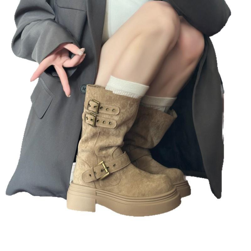 Adjustable Boot Belt Buckle Cowhide Martin Boots 2025 Autumn and Winter Thick Medium Heel Round Head Wide Tube Genuine Leather Medium Boots Children