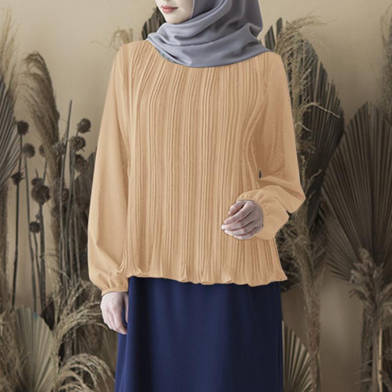 

ZANZEA Женская повседневная блузка с круглым вырезом и длинными рукавами с плиссировкой 5XL хаки