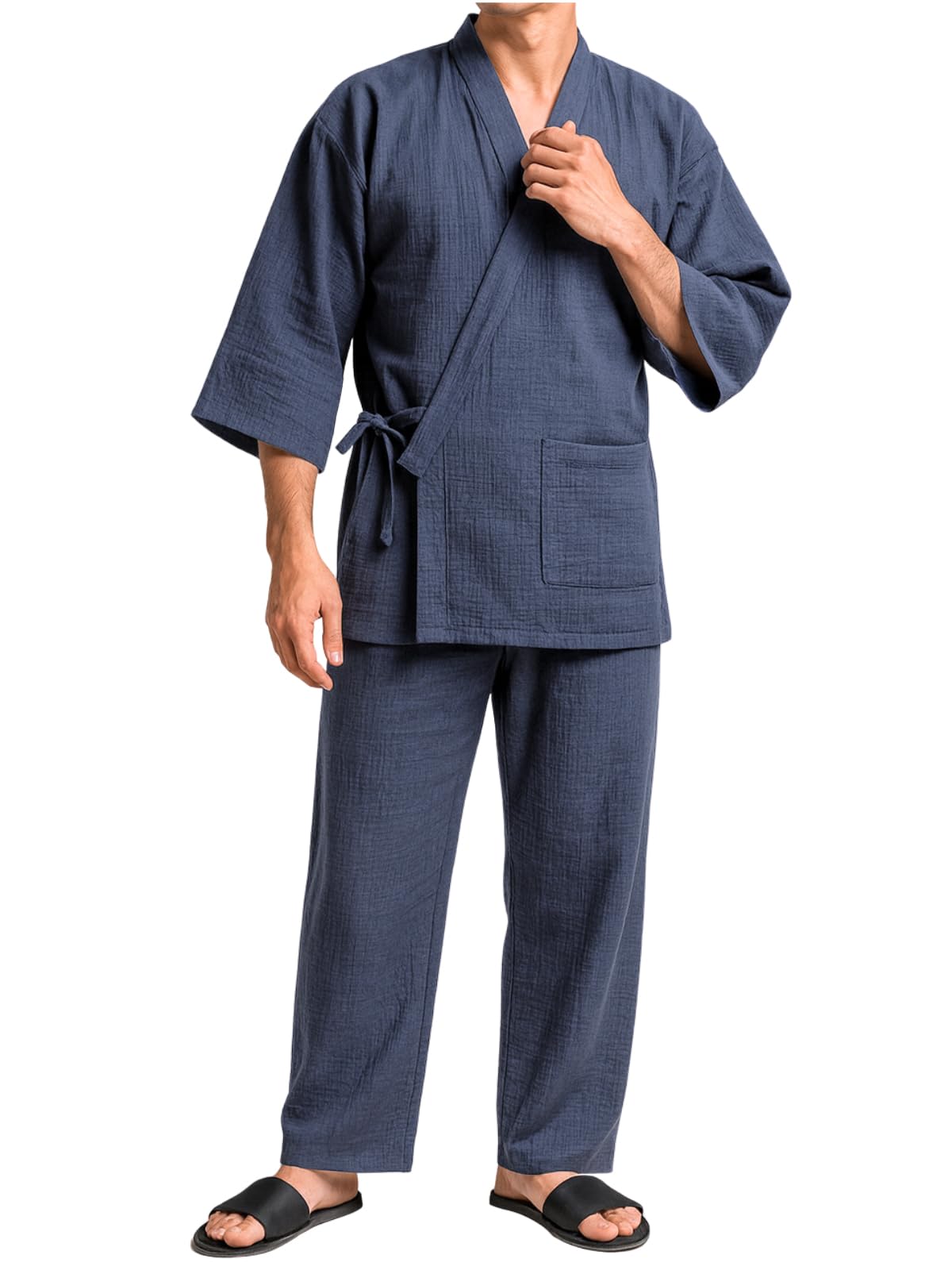 

Один мужской самуэ Ambu открытого размера M, юката, дзинбэй, 100% хлопок, рукава 3/4, спереди, комплект из 2 предметов, серый, серый